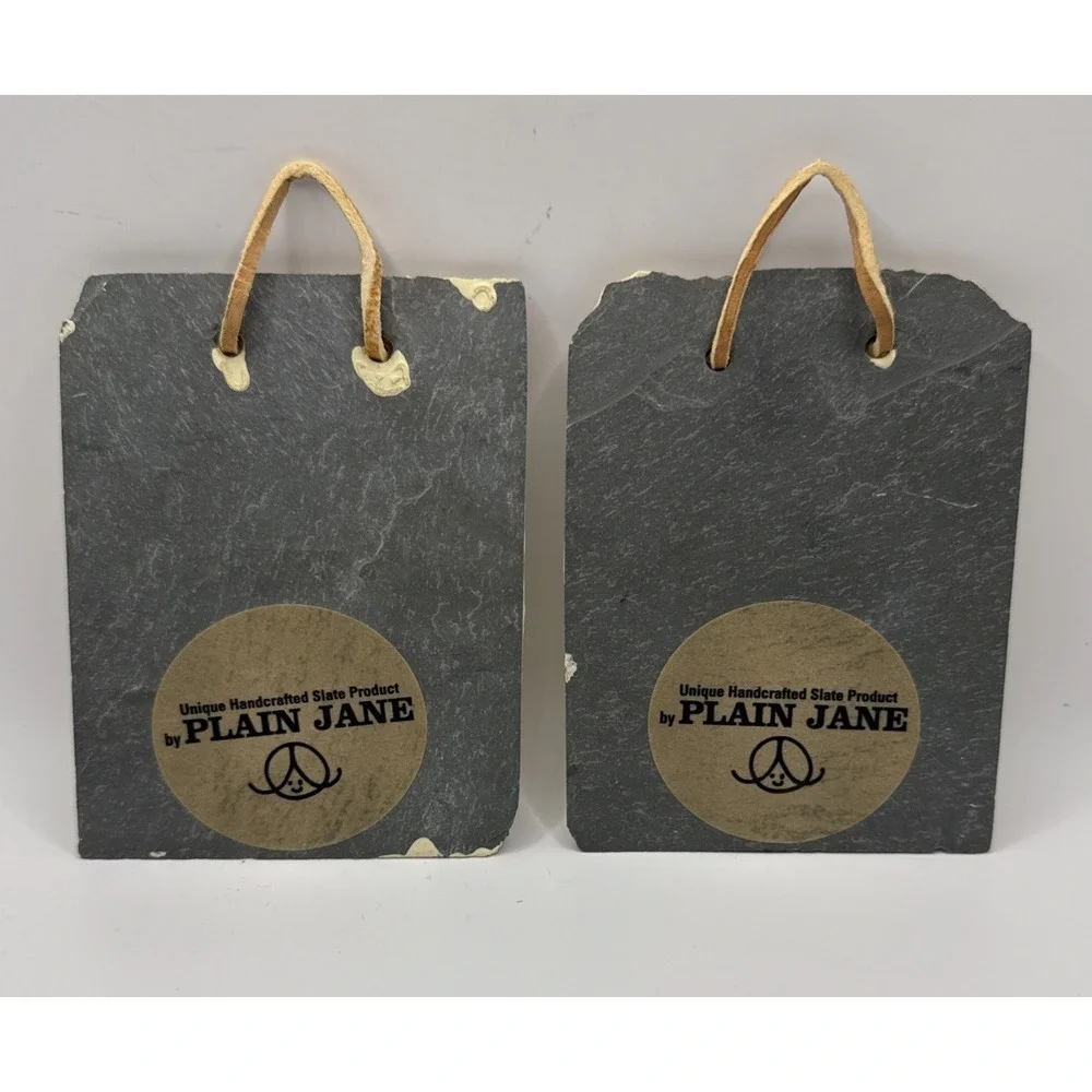 Vtg Plain Jane Slate Cat Kitten Wall Hanging Plaque Folk Art Signed Pair 3.5x4.5